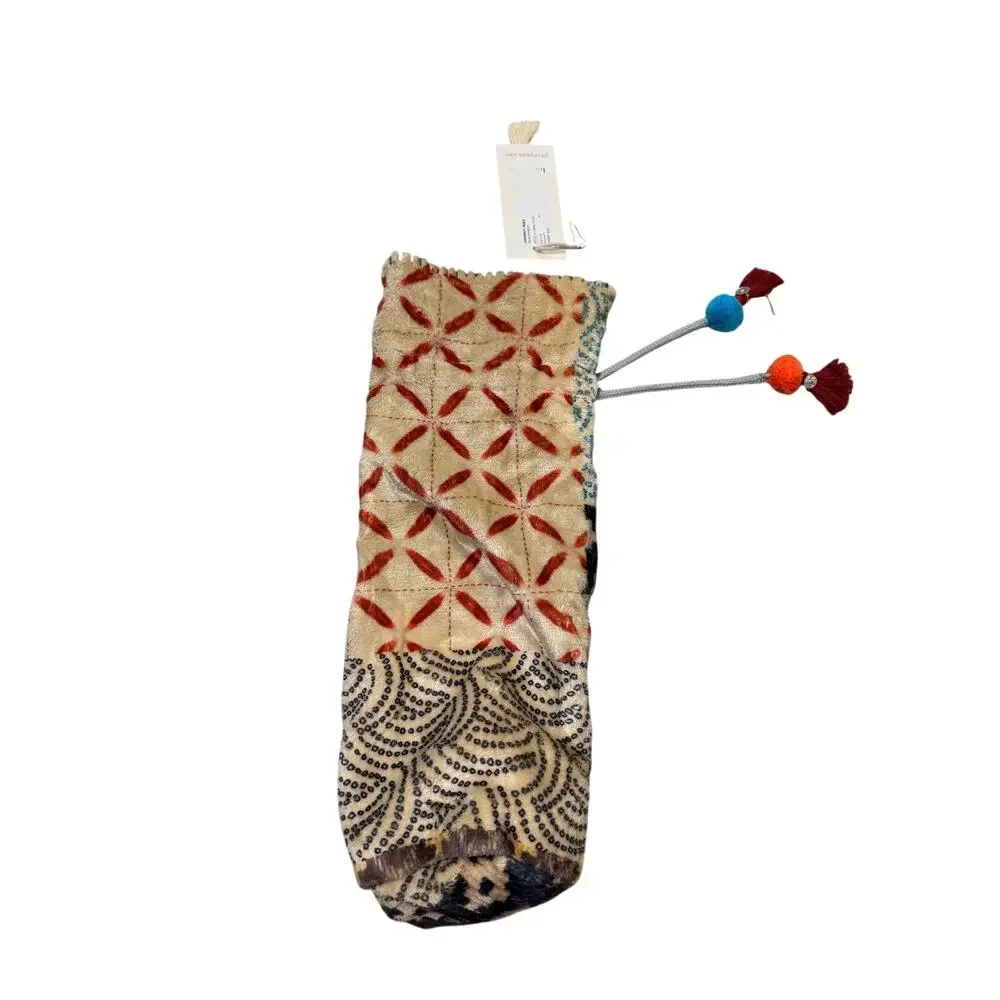 Johnny Was Holiday Wine Tote Fleece Drawstring Multicolor Bottle Gift Bags NWT